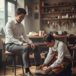 A master shoemaker assisting a client during a trial fitting of a custom-made shoe, ensuring perfect comfort and fit in his Seongsu-dong workshop.