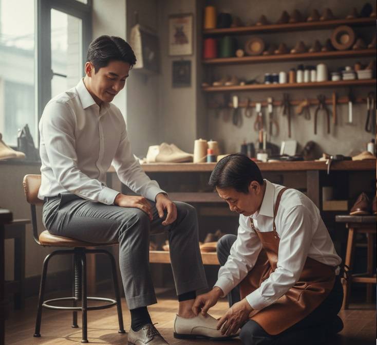 A master shoemaker assisting a client during a trial fitting of a custom-made shoe, ensuring perfect comfort and fit in his Seongsu-dong workshop.