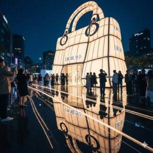 A large, glowing pop-up store shaped like a Dior handbag at night in Seongsu-dong, with light trails from cars on the wet street reflecting the structure.