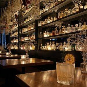 The intimate, candlelit interior of a romantic, themed bistro, with shelves of antique perfume bottles, hanging dried flowers, and a craft cocktail on a wooden table.