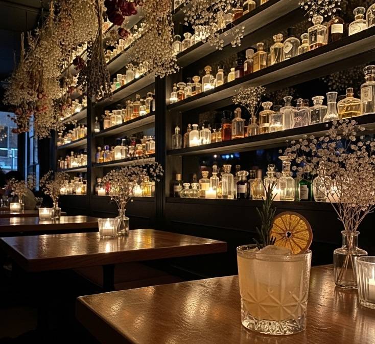 The intimate, candlelit interior of a romantic, themed bistro, with shelves of antique perfume bottles, hanging dried flowers, and a craft cocktail on a wooden table.