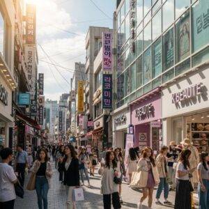 A crowded, sunny shopping street in Hongdae packed with young people exploring trendy fashion and K-beauty stores.