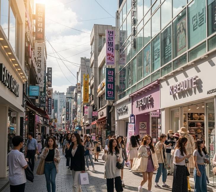 A crowded, sunny shopping street in Hongdae packed with young people exploring trendy fashion and K-beauty stores.