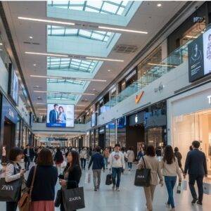 The spacious and modern interior of the COEX underground shopping mall, with visitors browsing various international brand storefronts.