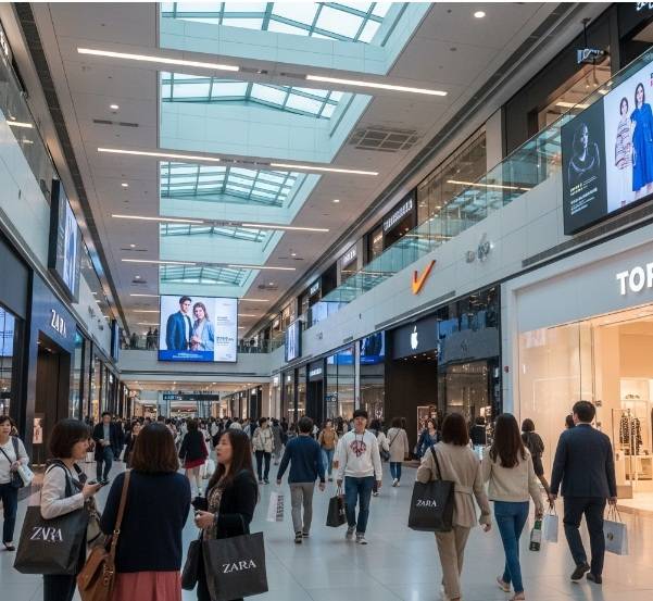 The spacious and modern interior of the COEX underground shopping mall, with visitors browsing various international brand storefronts.