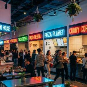 The bright and bustling atmosphere of a modern food court with people ordering from various stalls with neon signs.