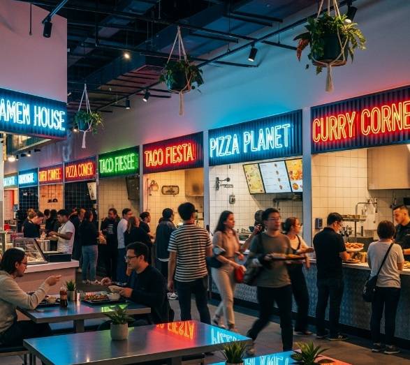 The bright and bustling atmosphere of a modern food court with people ordering from various stalls with neon signs.
