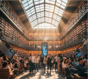 A wide shot of the bustling Starfield Library, showing many visitors gathered in the central plaza and on the surrounding floors, with dramatic sunlight streaming through the glass ceiling, illuminating the towering bookshelves.