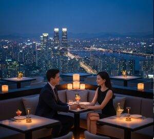 An elegant and intimate scene from a private rooftop bar in Gangnam, where guests can enjoy a final toast while overlooking the dazzling lights of Seoul.