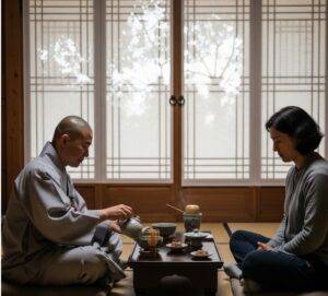 A serene tea ceremony with a monk and a participant during a Templestay program at Bongeunsa Temple.