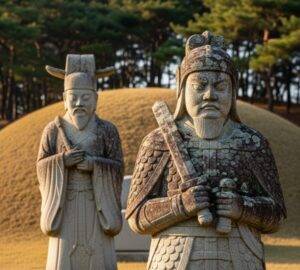 A close-up of the weathered stone statues of civil and military officials standing guard in front of a royal tomb at Seonjeongneung, showing their detailed carving and solemn expressions.
