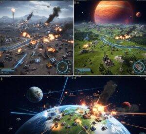 Strategic zoom view in Supreme Commander showing a large map with battle icons.