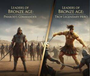 Versus image comparing Total War: Pharaoh's historical commander with A Total War Saga: Troy's powerful legendary hero unit, highlighting their different roles.