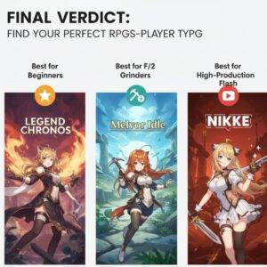 A visual summary of the top 3 idle RPG recommendations, categorized as "Best for Beginners" (Legend of Chronos), "Best for F2P Grinders" (Melvor Idle), and "Best for High-Production Flash" (NIKKE).
