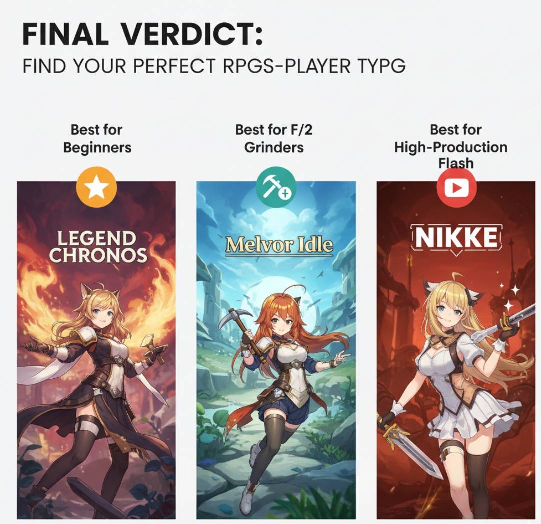 A visual summary of the top 3 idle RPG recommendations, categorized as "Best for Beginners" (Legend of Chronos), "Best for F2P Grinders" (Melvor Idle), and "Best for High-Production Flash" (NIKKE).