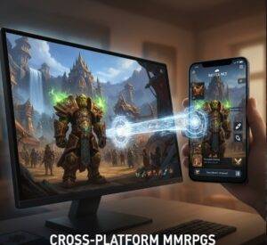 A split image showing a World of Warcraft character on a PC monitor and the same character on a smartphone, representing seamless cross-platform MMORPGs android iOS.