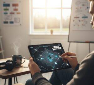 A man using a stylus on an Android tablet, playing a futuristic, strategic puzzle game (similar to "Deus Ex GO") in a bright, modern office or study. A speech bubble says "MIND. SHARPENED."