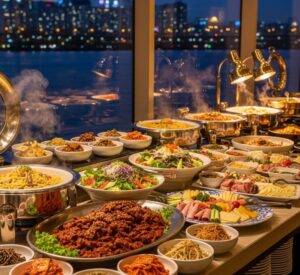 Han River Night Cruise Review: A delicious and varied buffet spread on the Han River dinner cruise, featuring a mix of Korean and Western food options for a complete dining experience.