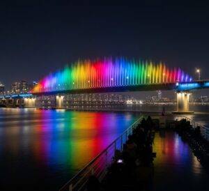 Can you see the Banpo Bridge Rainbow Fountain show from the Han River cruise? Yes! Here’s what the unforgettable sight looks like from the water.