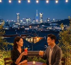 A stylish couple enjoying cocktails at a rooftop bar in Ikseon-dong, overlooking traditional hanok roofs and the modern city skyline.

