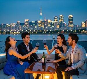 Hangang River Yacht Rental: A small group of friends celebrating on a luxury yacht on the Hangang River at night, enjoying an exclusive social gathering with Seoul's city lights behind them.