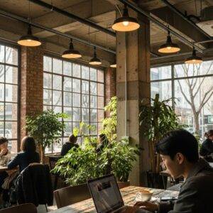 A person working on a laptop in a stylish, industrial-chic cafe in Seongsu-dong, Seoul, with bright natural light from large windows.