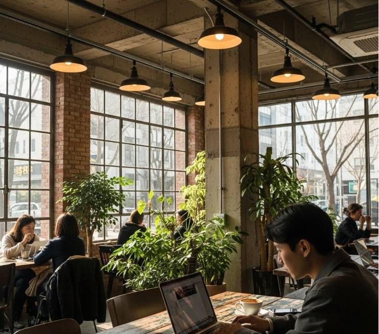 A person working on a laptop in a stylish, industrial-chic cafe in Seongsu-dong, Seoul, with bright natural light from large windows.