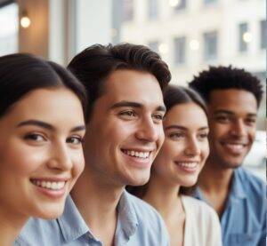 Best Korean Skincare for Acne: A close-up of a diverse group of young adults, looking happy and confident with clear, radiant skin. They are smiling slightly, showing healthy complexions.