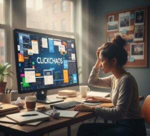 Best ClickUp Alternatives:  A frustrated female freelancer sits at her desk, holding her head, looking at a computer screen filled with overwhelming and complex project management software interfaces labeled "CLICKCHAOS."