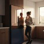A woman thoughtfully looking at her Samsung Bespoke refrigerator in a modern kitchen during golden hour.