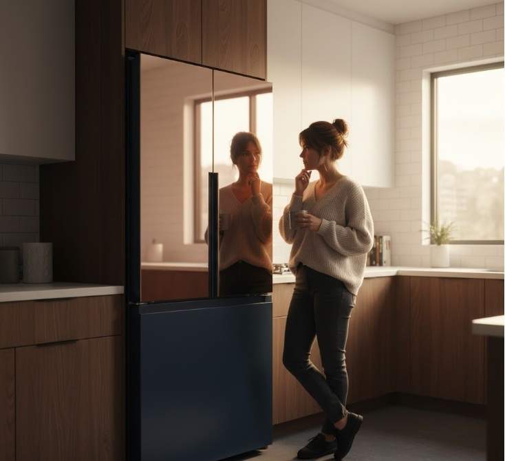 A woman thoughtfully looking at her Samsung Bespoke refrigerator in a modern kitchen during golden hour.