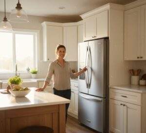 A homeowner smiles proudly in her renovated small kitchen, standing beside a sleek, perfectly flush counter-depth refrigerator.