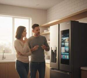 A thoughtful couple in their modern kitchen, contemplating a sleek smart refrigerator with an active touchscreen display.