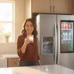 A smiling woman holds a glass with a clear, spherical craft ice cube, standing confidently next to an LG LFXS26973S French door refrigerator with its Door-in-Door compartment visible.
