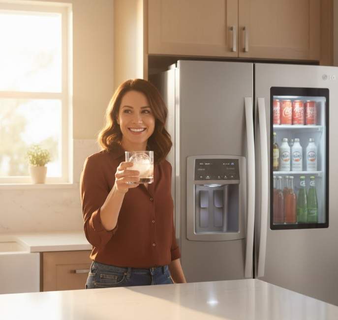A smiling woman holds a glass with a clear, spherical craft ice cube, standing confidently next to an LG LFXS26973S French door refrigerator with its Door-in-Door compartment visible.