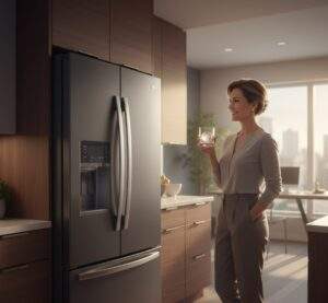 A design-conscious woman sips from a glass with craft ice, admiring her new LG LRMVC2306S counter-depth refrigerator in a modern kitchen.