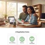 A hopeful couple happily looking at a laptop showing a rising credit score graph, with a pay-for-delete letter in hand.