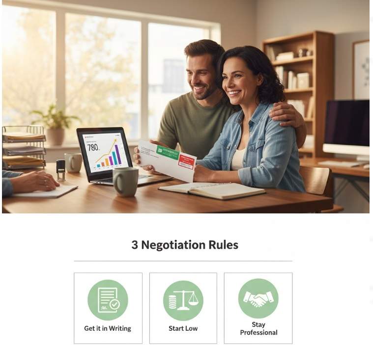 A hopeful couple happily looking at a laptop showing a rising credit score graph, with a pay-for-delete letter in hand.