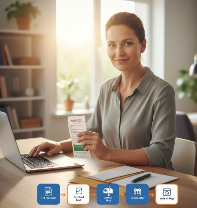 A woman confidently holding a certified mail receipt at her desk after sending a debt validation letter.