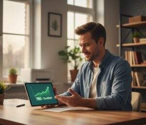 A man smiling, holding a tablet showing an excellent credit score with an upward trend, symbolizing financial relief.