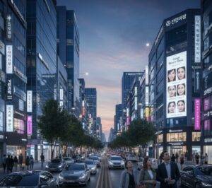 A busy street in Seoul's Gangnam district at dusk, with towering modern buildings adorned with numerous illuminated signs, including large plastic surgery clinic advertisements. Pedestrians walk on sidewalks, and cars drive along the multi-lane road.