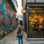 A woman holding a camera stands in a narrow alley in Mullae Art Village, Seoul, facing a vibrant graffiti-covered wall on the left and a warm, inviting cafe entrance on the right.