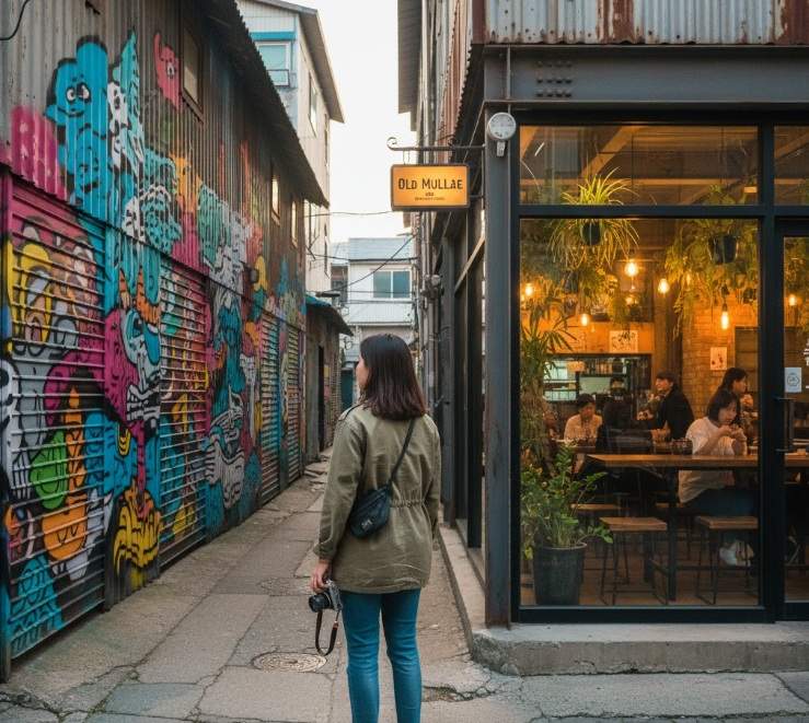A woman holding a camera stands in a narrow alley in Mullae Art Village, Seoul, facing a vibrant graffiti-covered wall on the left and a warm, inviting cafe entrance on the right.