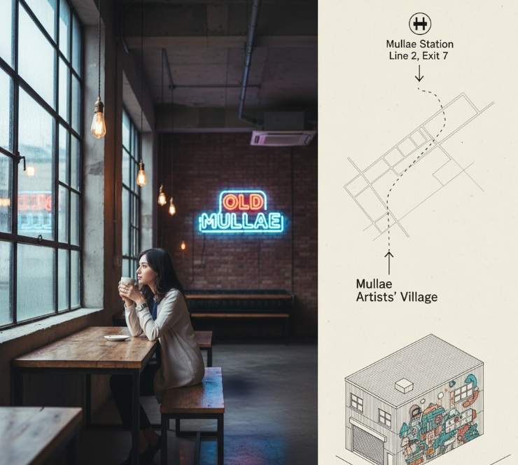 A young woman sips coffee in a stylish Mullae-dong industrial cafe, looking out a large factory window. Exposed brick and warm Edison bulbs create a moody, aesthetic atmosphere, with a neon sign in the background.