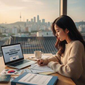 A young, focused Asian woman sits at a desk by a window overlooking the Seoul skyline at sunset, diligently filling out scholarship application forms. A laptop displays the "Global Korea Scholarship" website, and Korean flags, a passport, and organized documents are spread around her.