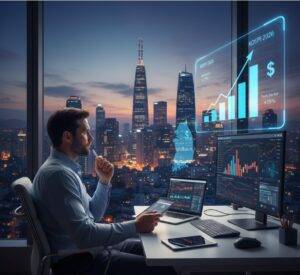 A male investor in an office suite overlooking the Seoul skyline at dusk, analyzing holographic financial charts showing KOSPI trends and South Korea's economic data.