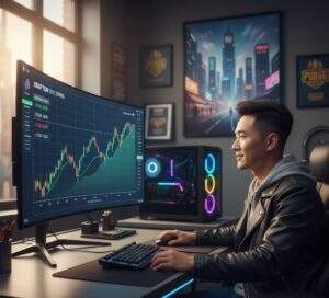 Young male investor in a gaming room, looking at a Krafton stock chart on a large monitor.