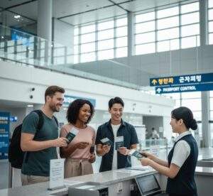 Diverse travelers smiling and confidently handing passports to a friendly immigration officer at a modern airport.