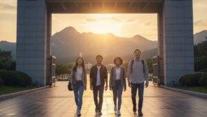 Diverse international students walking out of Seoul National University's main gate at sunset, with Gwanak Mountain in the background.