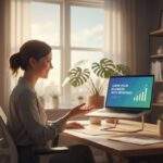 A small business owner confidently presenting a webinar on her laptop in a modern, sunlit office, with a growth-focused presentation on screen.